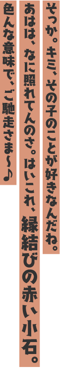 そっか。キミ、その子のことが好きなんだね。 あはは、なに照れてんのさ。はいこれ、縁結びの赤い小石。色んな意味で、ご馳走さま～♪